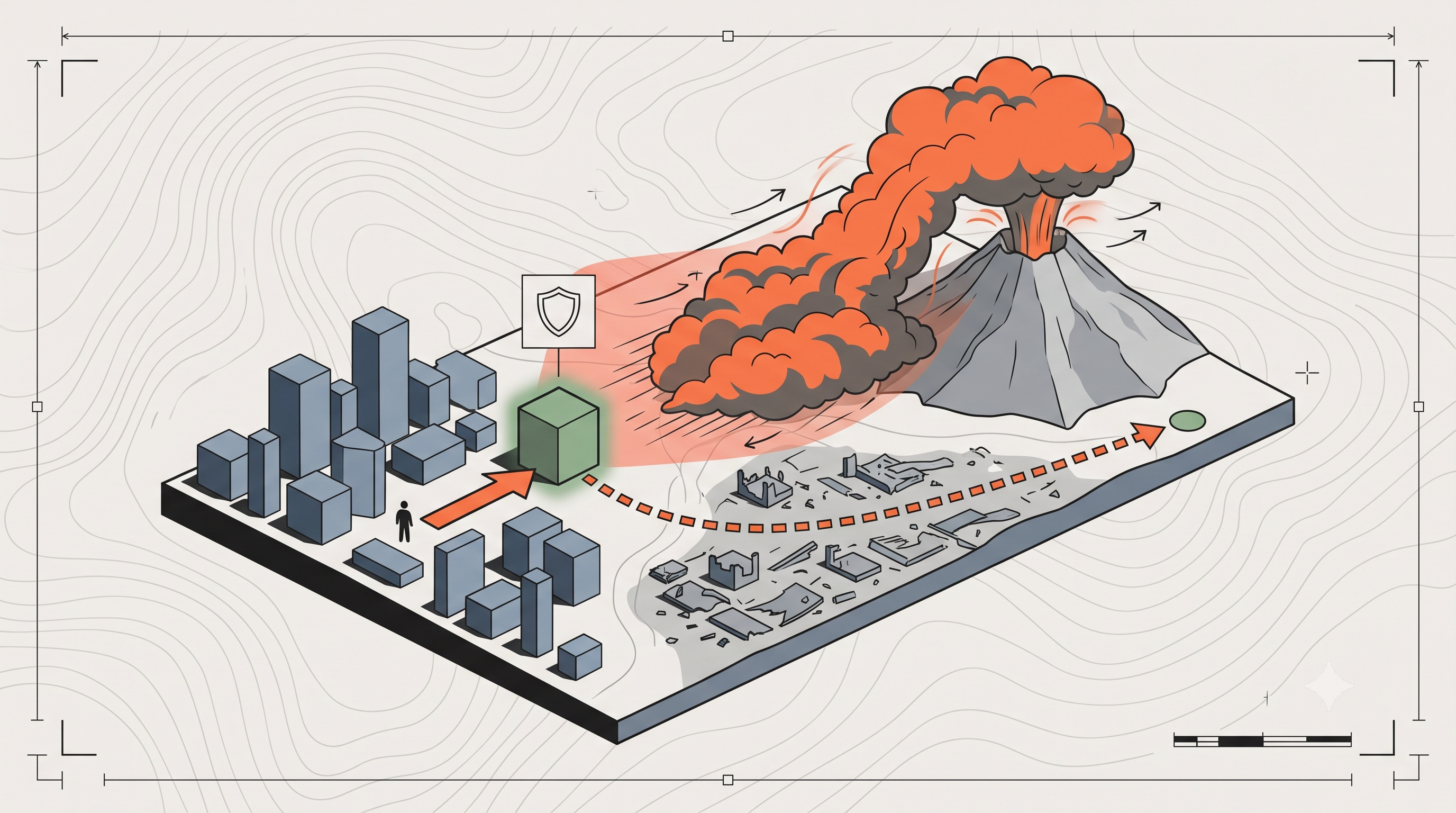 An erupting volcano releases a pyroclastic cloud across a city; a person moves along the computed route into a verified safe zone away from the cloud's trajectory