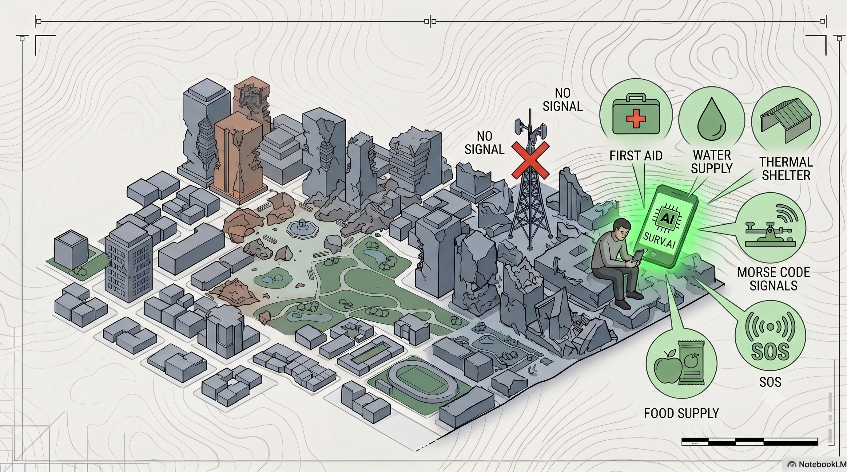 After the evacuation: in a devastated landscape with no network, the device stays on — an autonomous survival station that reads the territory and guides long-term subsistence on its own