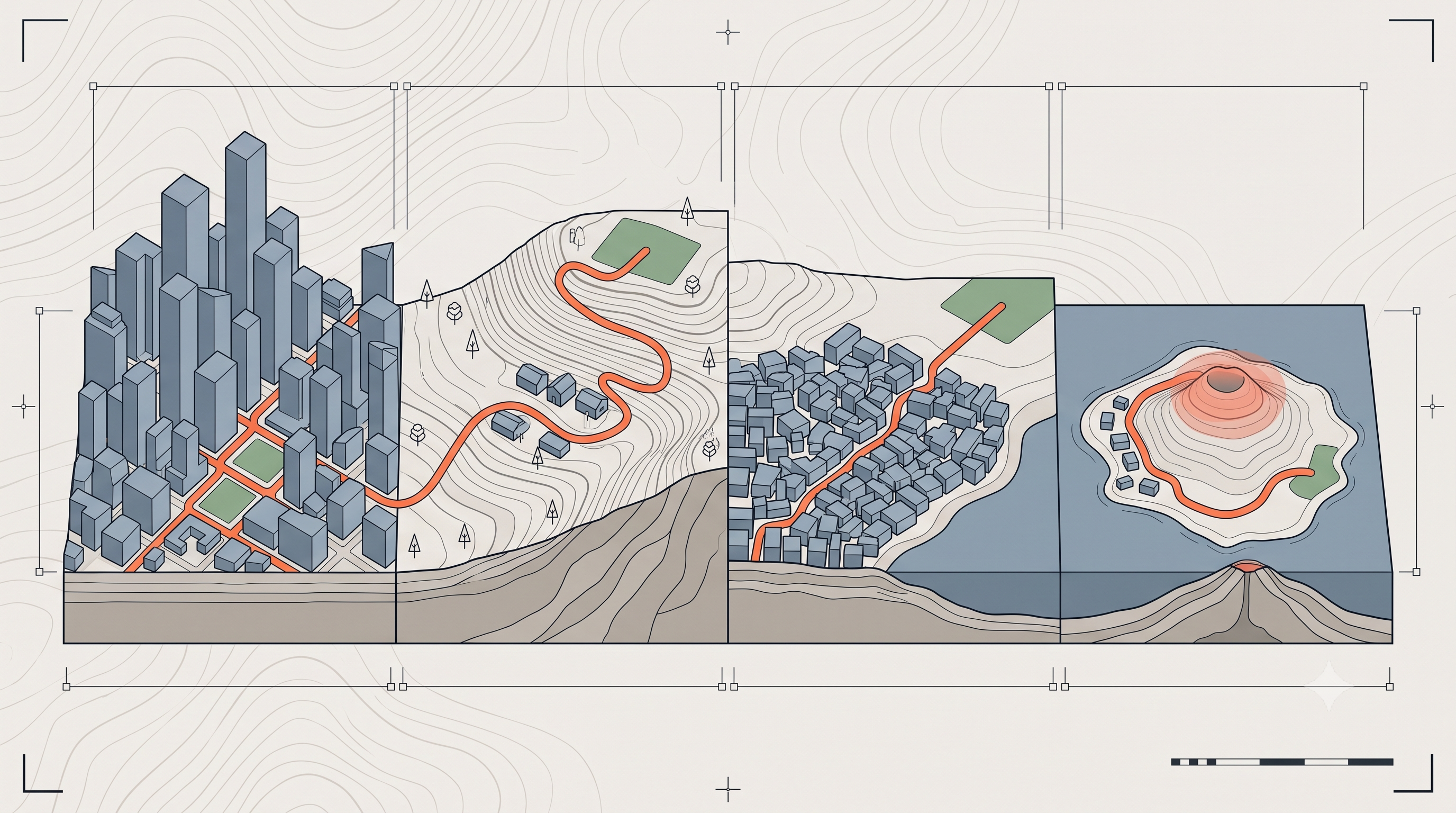 Four territories side by side: vertical megacity, mountain valley, dense coastal settlement, volcanic island — each with its own computed route